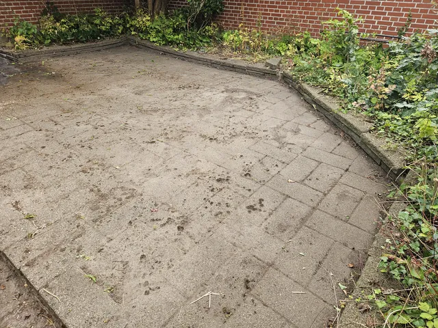 Før fliserens: grå terrassefliser foran en rød murstensmur, dækket af sand, jord og skidt, med ukrudt i fugerne og planter, der vokser ind over kanten.